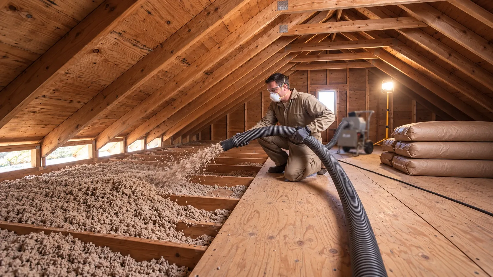 Cellulose insulation filling wall cavities in a framed interior