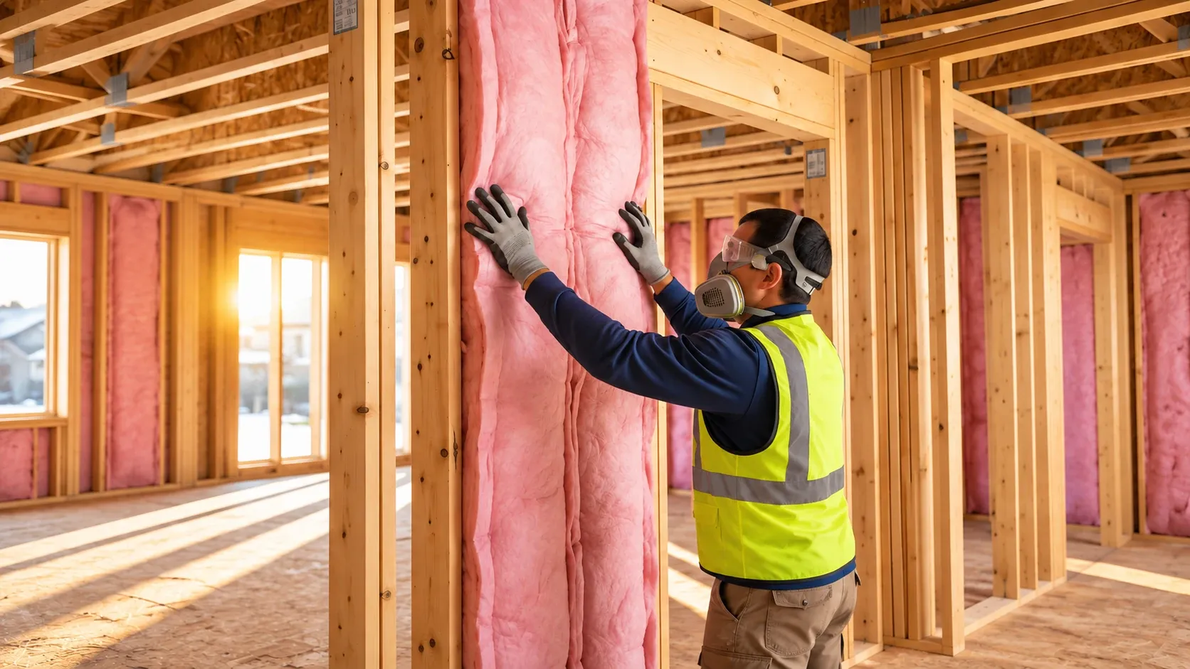 Fiberglass insulation fitted into wall and ceiling framing inside an unfinished room