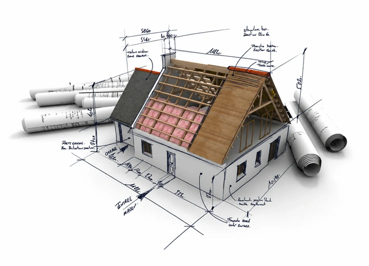 Architectural illustration of a house with exposed roof framing and insulation
