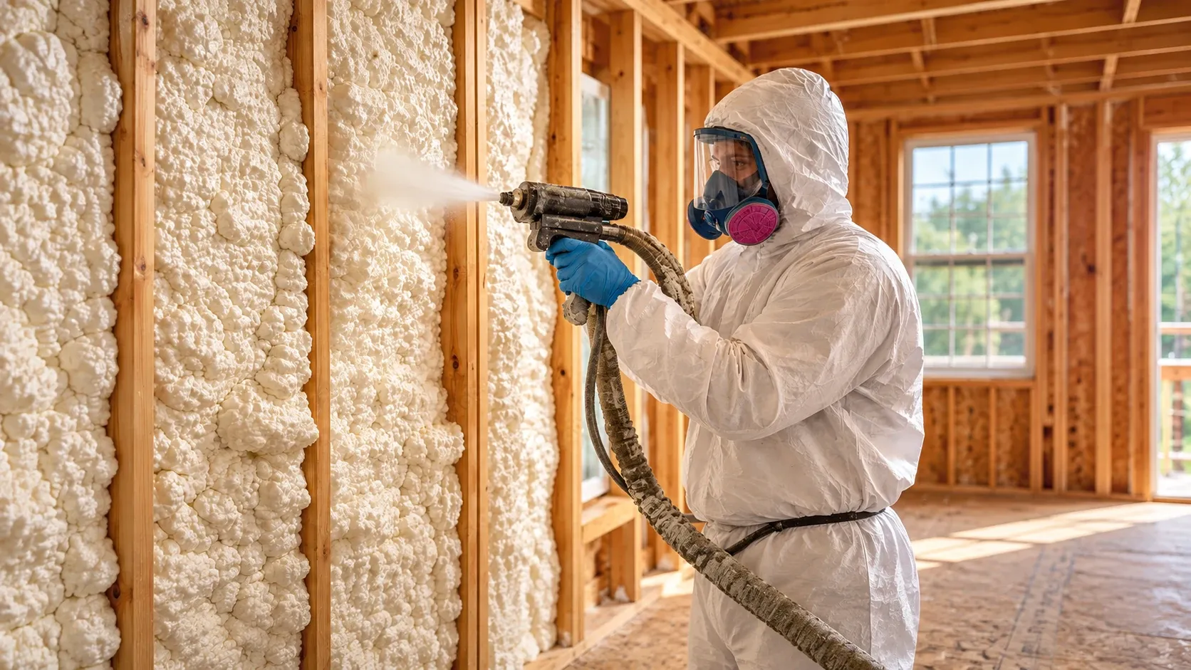 Spray foam installed between the rafters and wall framing of an unfinished attic